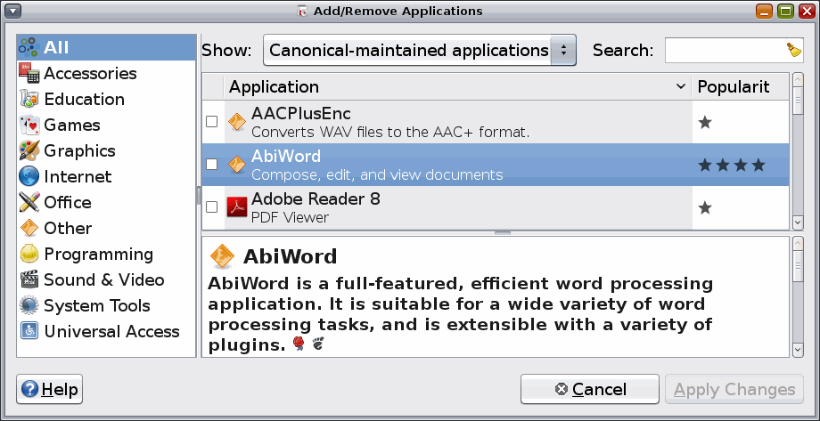 [增加／刪除：Add/Remove: Canonical 維護的應用程序]