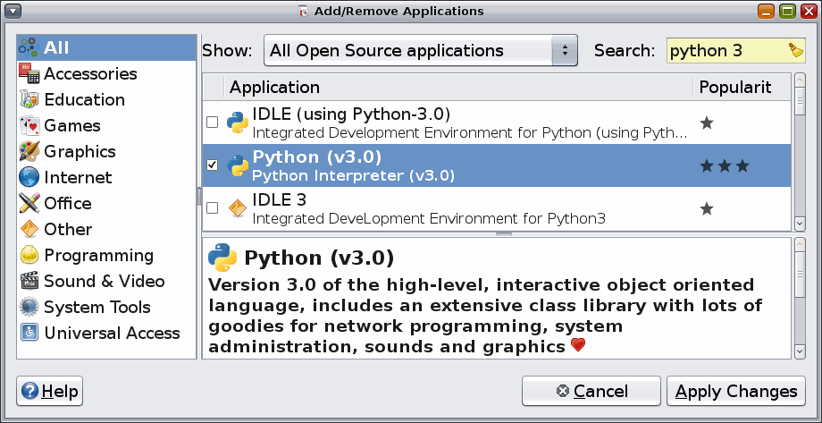 [增加／刪除：選擇 Python 3.0 安裝包]