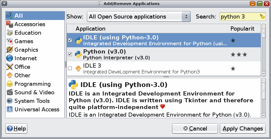 [增加／刪除：為 Python 3.0 安裝包選擇 IDLE]