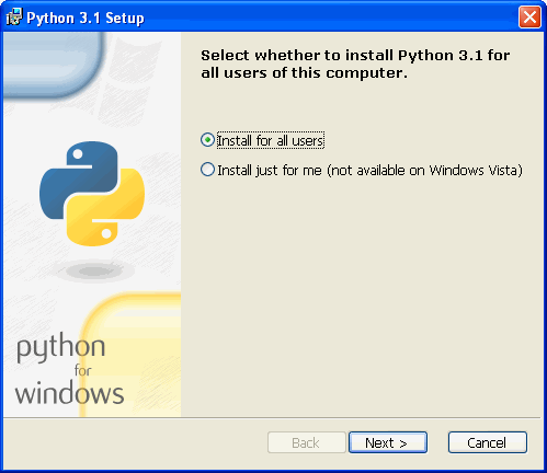 [Python 安裝程序：選擇是否為本計算機的所有用戶安裝 Python 3.1。]