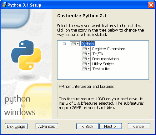 [Python 安裝程序: 定制 Python 3.1]