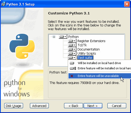 [Python 安裝程序：刪除測試套件可以省出 7908KB 硬盤空間。]