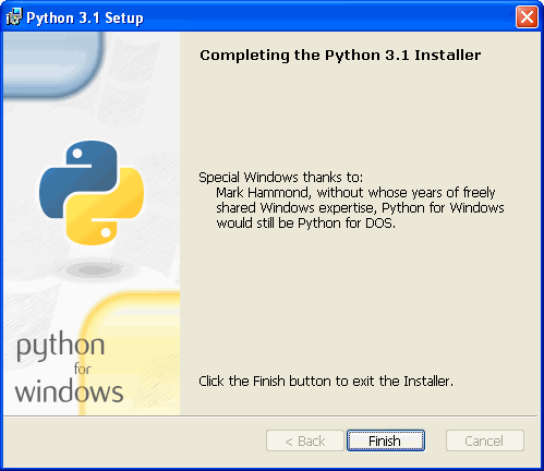 [Python 安裝程序：安裝完成特別視窗歸功于 Mark Hammond，沒有這些經年累月免費共享的 Windows 專業知識，Python for Windows 可能還只是 Python for DOS 。]